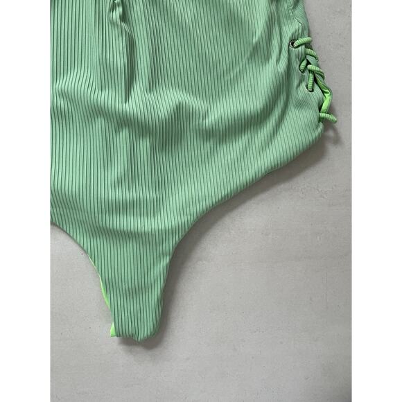 Coastal Waves Swim One Piece Swimsuit Ribbed Lace Up Swimwear - Picture 6 of 12